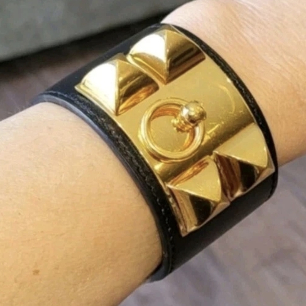 Hermés Collier de Chien Yellow Gold Plated Studded Leather Adjustable Bracelet - Picture 9 of 15